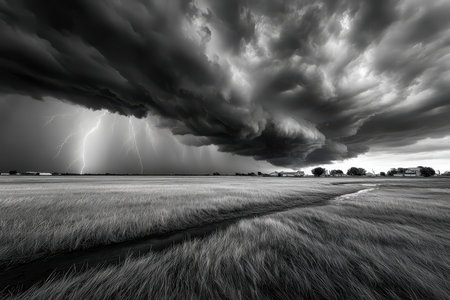 Black and white image of a powerful thunderstorm over a grassy fieldの写真素材