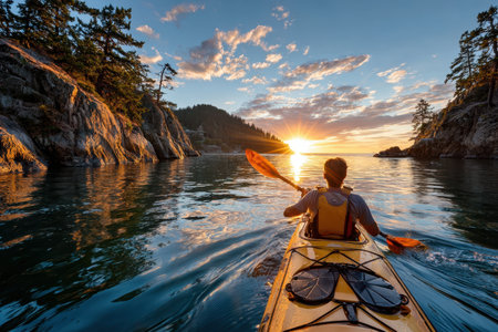 Paddler navigates a calm bay, admiring the vibrant sunset reflecting on the water.の写真素材