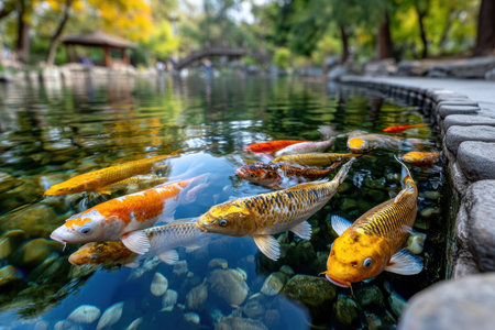 Koi fish of various colors swim in a pond with a stone borderの写真素材
