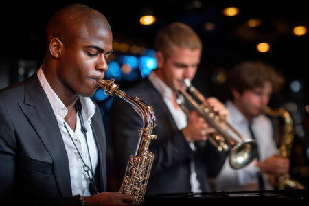 Three musicians playing their instruments on a dimly lit stageの写真素材