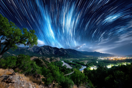 Star trails illuminate a mountain valley and river at nightの写真素材