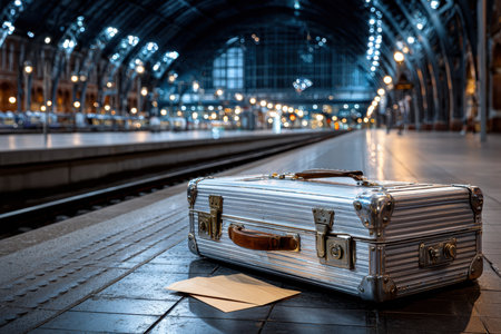 A vintage suitcase on a train platform, under harsh, artificial light, shot with a 35mm lens, with a surprise element of a secret letter hidden in the handleの写真素材