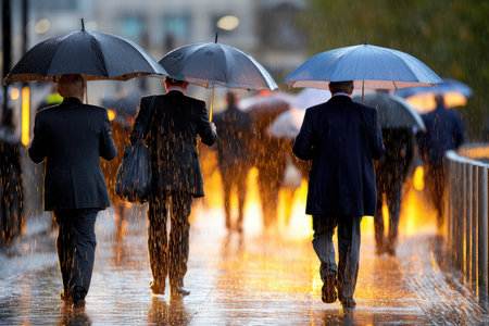 Business people walk with umbrellas on a rainy city streetの写真素材
