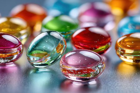 Colorful glass beads on a reflective surfaceの写真素材