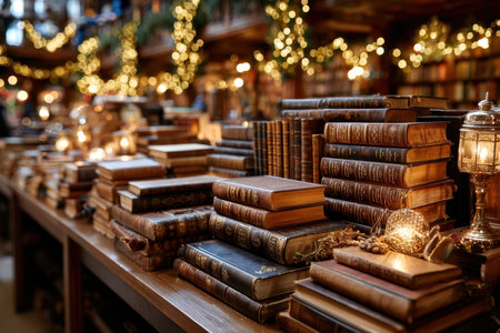 Stacks of old books on a wooden table with festive lights in the backgroundの写真素材