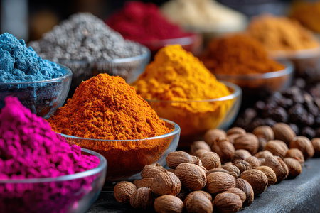 Various colorful spices and nuts are displayed in small glass bowlsの写真素材