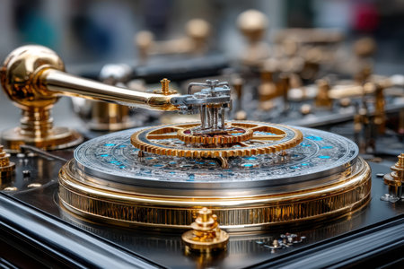 An intricate mechanical device with colorful details showcases superb craftsmanship in a bustling city square.の写真素材