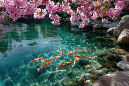Colorful koi fish swim gracefully in crystal clear water surrounded by cherry blossoms in bloom.の写真素材