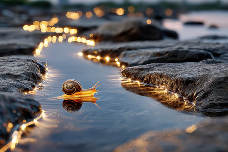 A snail moves slowly on a leaf in a peaceful stream surrounded by glowing lights at dusk.の写真素材