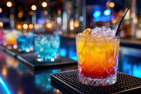 A close-up of a colorful cocktail on a bar counter, under vibrant, neon light, shot with a DSLR camera, the cocktail is changing colorsの写真素材
