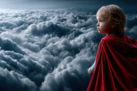 A young child wearing a red cape looks thoughtfully into the cloudy horizon, evoking a sense of wonder.の写真素材