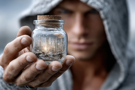 A young man in a gray hoodie displays a glass jar with a glowing city inside, set outdoors during twilight.の写真素材