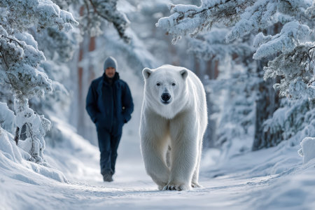 A man walks through a snow-covered forest as a polar bear approaches in a serene winter setting.の写真素材