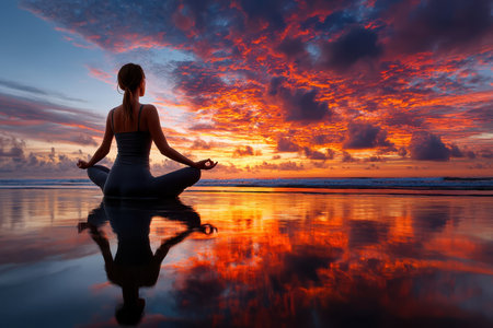 A woman practices yoga and meditation on the beach during a picturesque sunsetの写真素材
