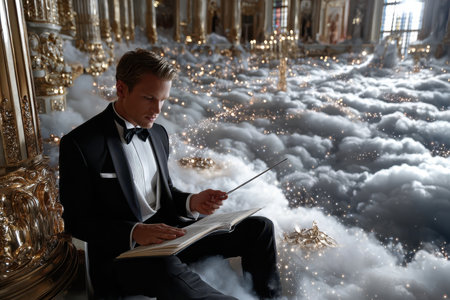 A man in a tuxedo sits on fluffy clouds, reading a book in an opulent golden environment filled with sparkle.の写真素材