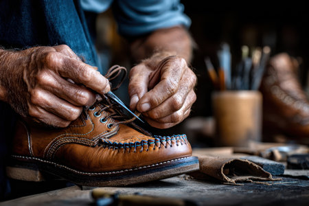 Closeup of hands lacing a leather boot in a workshopの写真素材