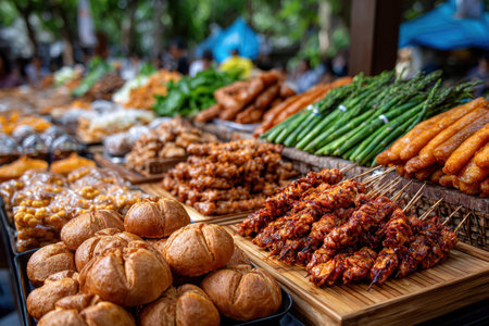 Various prepared foods on display at an outdoor marketの写真素材