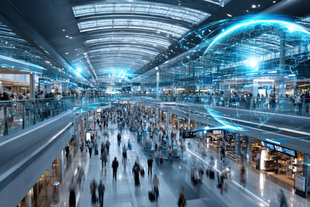 Blurred crowds move through a modern airport terminal with a superimposed global network graphicの写真素材