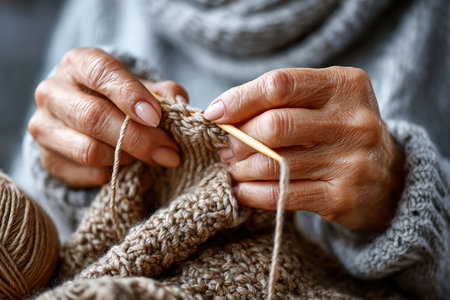 A close-up shot of a pair of hands knitting, with a warm, homely mood, shot with a 35mm lens, portraying the charm of a traditional craftの写真素材