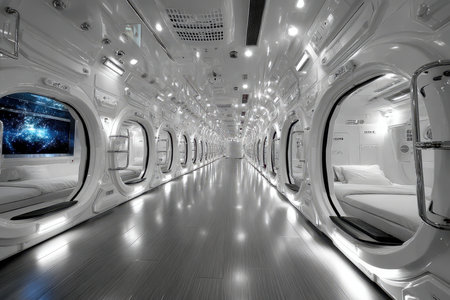 White futuristic interior of a capsule hotel with many podsの写真素材
