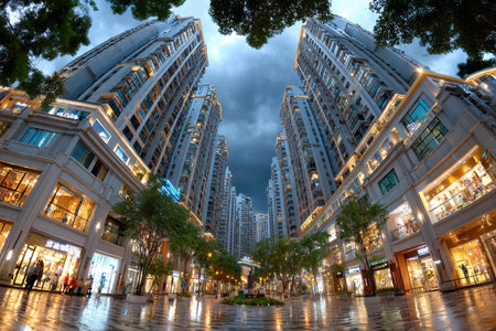 A modern shopping street lined with illuminated stores and tall buildings at duskの写真素材