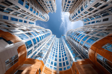 Low angle view of curved skyscrapers against a blue skyの写真素材