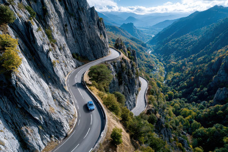 Aerial view of a winding mountain road with a blue carの写真素材