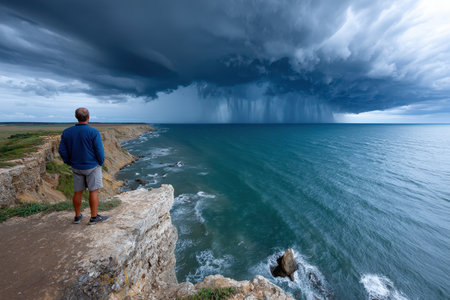 A man standing at the edge of a cliff, looking at a stormy sea under a brooding sky, shot with a wide-angle lens, portraying the struggle against the elements, ultrarealistic photo --ar 3:2 --raw --profile nk3i4wf --stylize 250 --v 7 Job ID: dd06705c-f138-4e44-97c9-a85318e4c973の写真素材