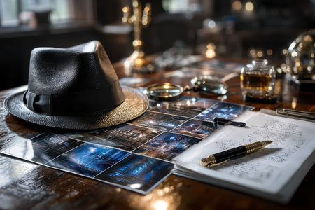 A dimly lit workspace displays vintage photos, a hat, a pen, and an elegant magnifying glass, evoking mystery.の写真素材