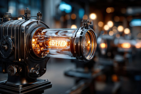 A detailed view of a vintage glass tube generator glowing warmly in a dimly lit industrial workshop.の写真素材