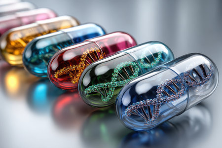 Capsules containing vibrant DNA models are arranged on a shiny lab surface, showcasing scientific innovation.の写真素材