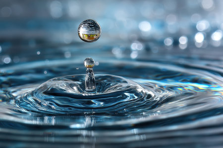 Closeup of a water droplet collision creating ripples on a blue surfaceの写真素材