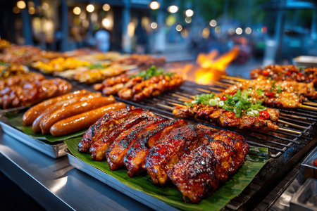 Assortment of grilled meat and sausages on a street food stallの写真素材