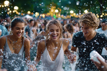 Friends laugh and splash water in a vibrant fountain surrounded by festive lights and a joyful crowd.の写真素材