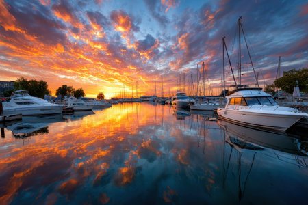 Boats and yachts moored in a calm marina at sunset, with a fiery sky reflected in the waterの写真素材
