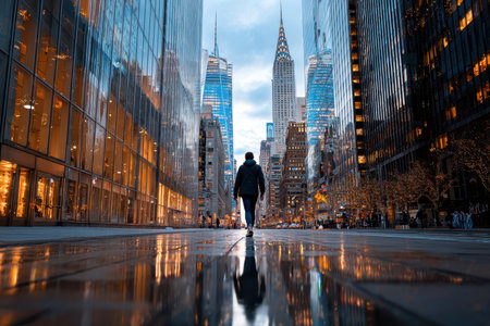 A person strolls alone down a reflective street in New York City at twilight, surrounded by skyscrapers.の写真素材