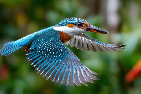 A kingfisher with vibrant blue wings soars against a blurred green backdropの写真素材