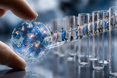 Researchers in lab coats work together with test tubes and a glowing globe representing viruses.の写真素材