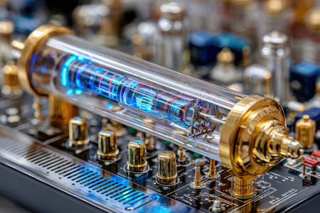 This unique vintage vacuum tube amplifier showcases its intricate design and glowing tubes at a tech exhibit.の写真素材
