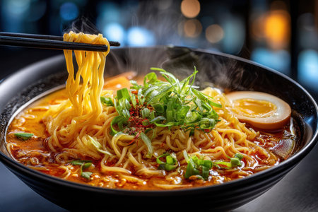 Closeup of a bowl of ramen with chopsticks lifting noodles from the brothの写真素材