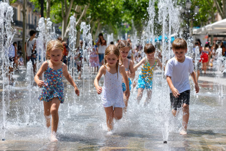 Kids splash and play joyfully in water fountains on a sunny summer day at a vibrant city plaza.の写真素材