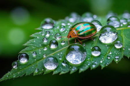 A metallic green beetle sits on a leaf covered in glistening water dropletsの写真素材