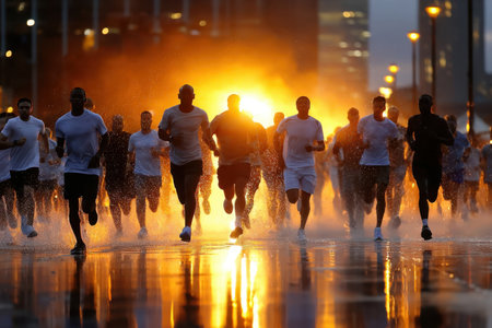 Groups of runners race through puddles as the sun sets, creating dynamic reflections in a city setting.の写真素材