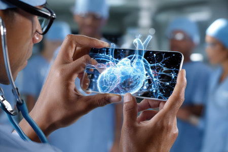 Surgeon examines a 3D hologram of a heart on a smartphone while preparing for surgery in a modern facility.の写真素材