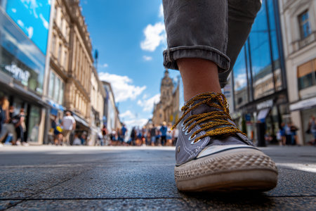 A person strolls along a busy urban street, showing trendy shoes against a lively backdrop of shoppers.の写真素材