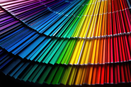 Vibrant paint samples are arranged in a circular pattern, displaying a broad spectrum of colors in a studio.の写真素材