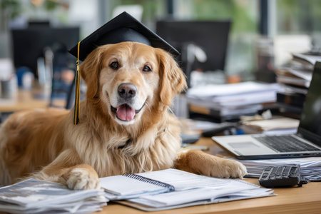 A golden retriever wearing a graduation cap rests on a desk surrounded by paperwork and a laptop.の写真素材