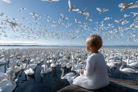 A young child sits peacefully by a lake surrounded by hundreds of swans flying above under a clear sky.の写真素材