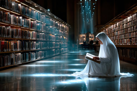 A person in a white garment sits reading in a library filled with books, illuminated by soft beams of light.の写真素材