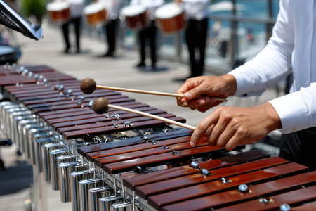 Hands skillfully play a xylophone while other musicians prepare in the background on a bright day.の写真素材